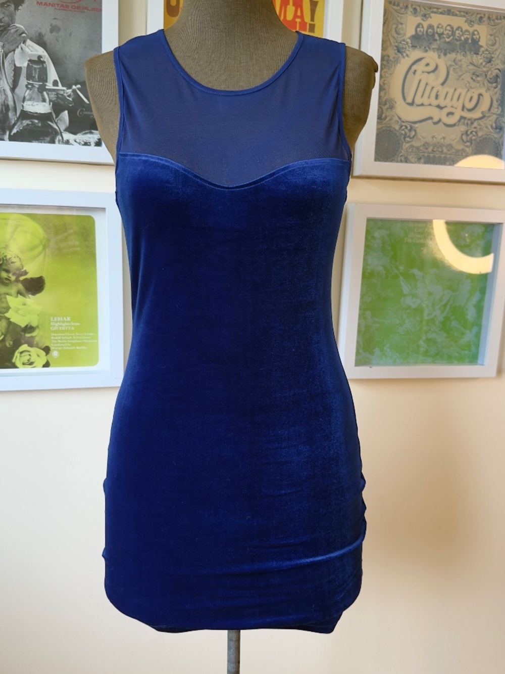 Cobalt Blue Velvet Mesh Mini Dress | Sheer Illusion Neckline Bodycon Party Y2K